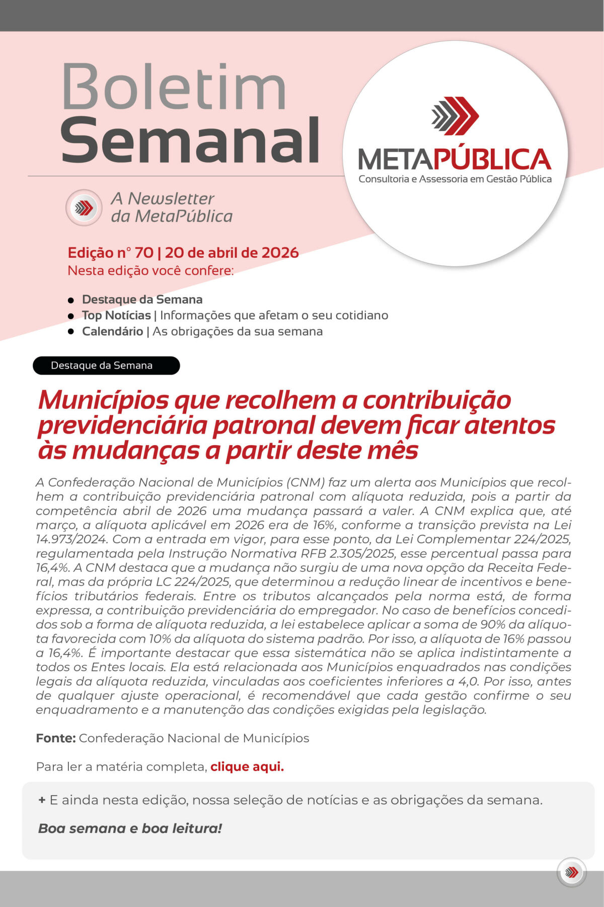 Imagem principal de BOLETIM SEMANAL Nº 70 - 20 DE ABRIL DE 2026